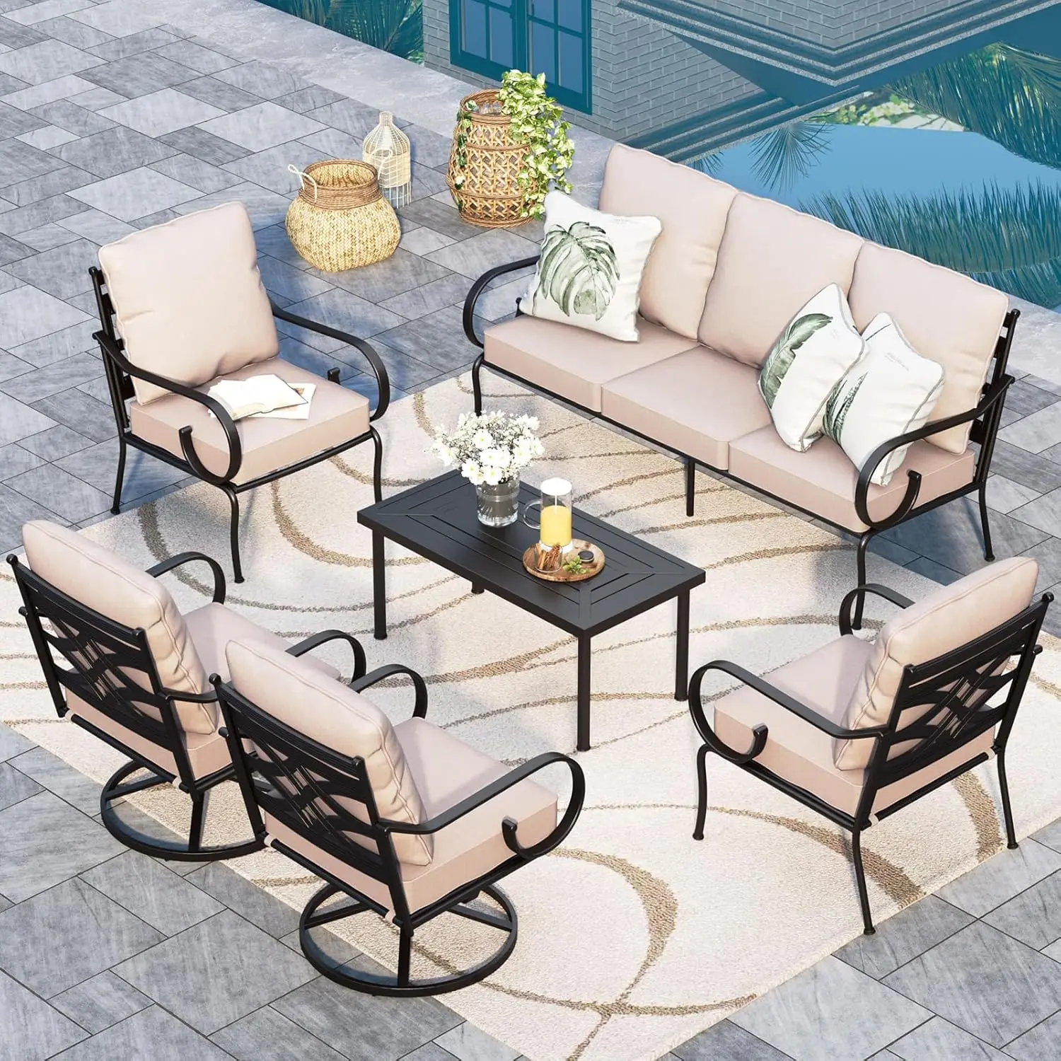 

7 Seat Outdoor Patio Sofa Furniture Set , 6 PCs Sectional Couch Set with 3-seat Sofa, Swivel Chair, Metal Table, Beige