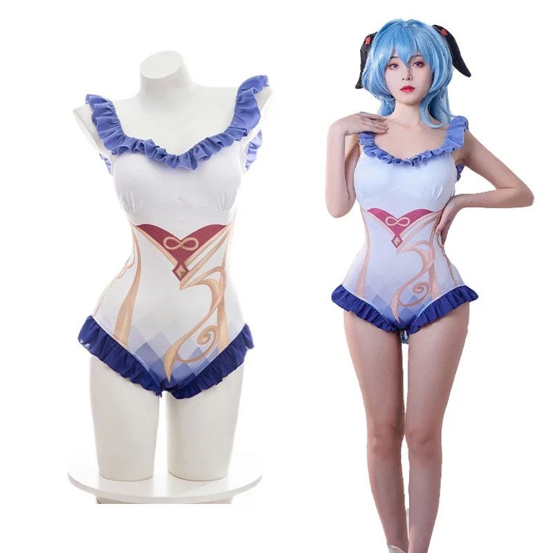 

Game Genshin Impact Ganyu Cosplay Swimsuit One-piece Swimwear Women Ruffle Bathing Bikini Backless Bodysuit Costumes