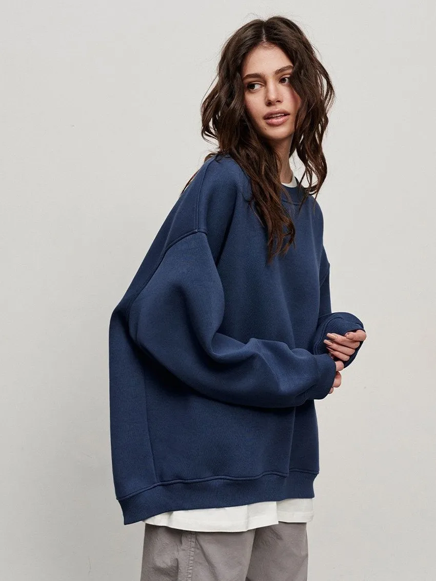 Round Neck Pullover Hoodie Mid Length Alternative Street with Loose Fit Single Regular Thickness Streetwear Women Sweatshirts