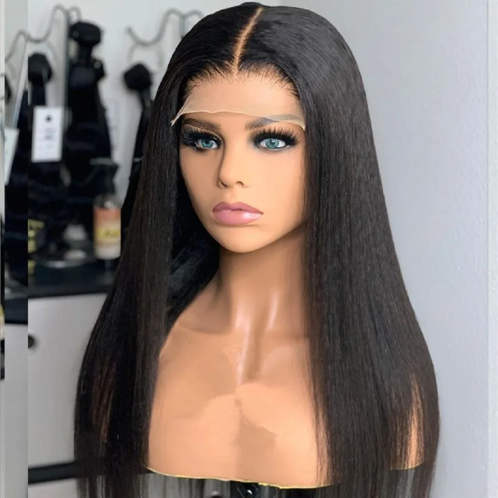 Peruca dianteira reta Kinky para mulheres, sem cola, macia, longa, Yaki, natural, preto, cabelo de bebê, sintético, pré-arrancada, diariamente, 26"