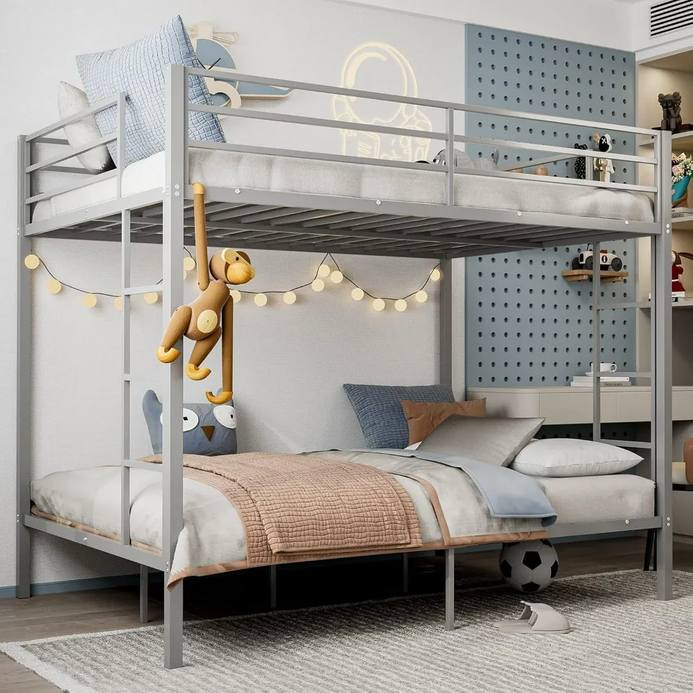 Metal Bunk Beds, Heavy Duty Full Size Bunk Bed Frame with 2 Built-in Ladders, Safety Guard Rail, Space-Saving Design, Loft Bed