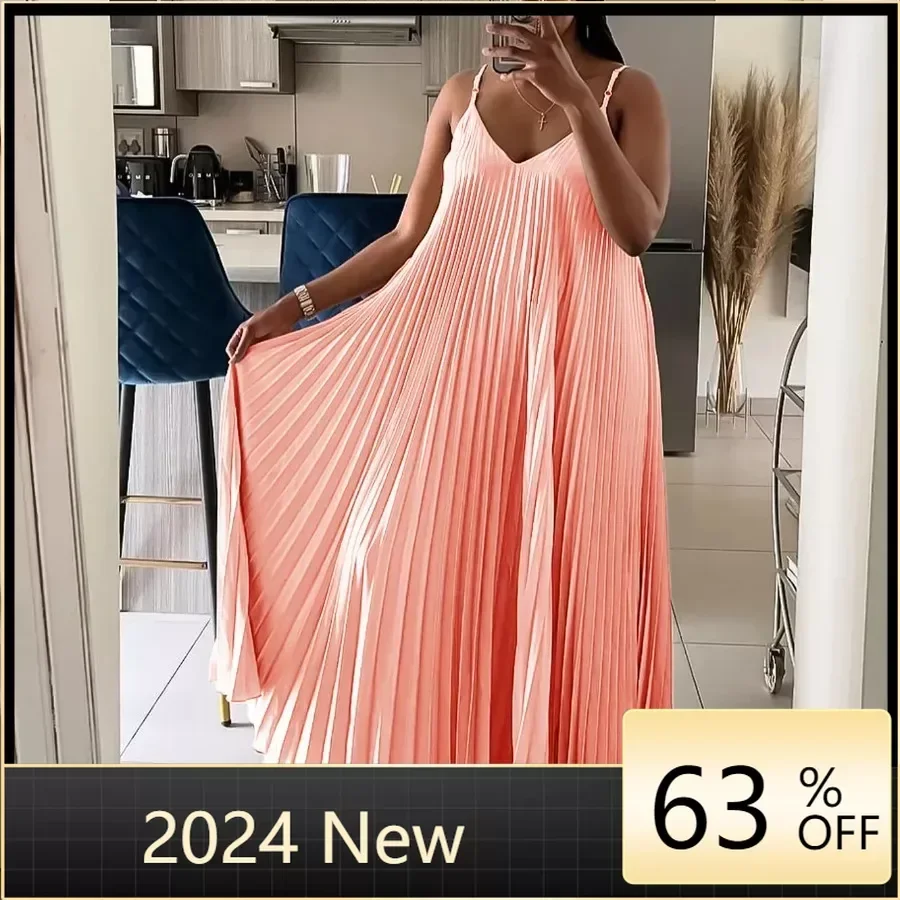 

Plus Size Summer New Solid Color Loose V-Neck Suspender Pleated Large Skirt Hem Fashionable And Elegant Vacation Long Dress