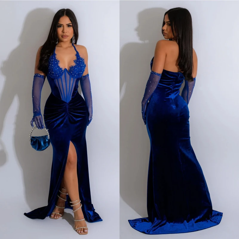 2026 nova moda sexy feminino vestido de veludo halter oco para fora de volta cintura fina retalhos split frente bodycon vestido longo