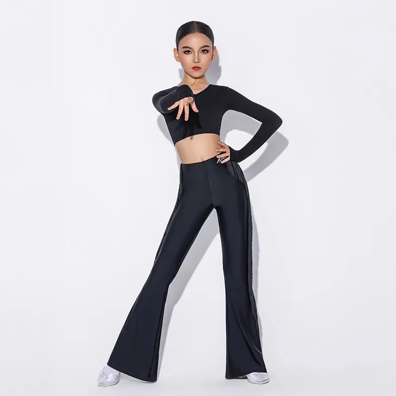 الفتيات طويلة الأكمام عارية الذراعين أعلى شرابات السراويل انقسام دعوى أزياء رقص اللاتينية تشاتشا رومبا تانجو الرقص المنافسة ارتداء DN21972 #4