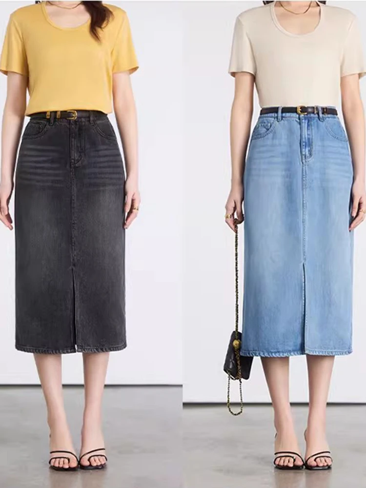 

Удобная джинсовая юбка-трапеция из лиоцелла без застежек с высокой талией для женщин, повседневная, деловая, весенняя, модная, средней длины