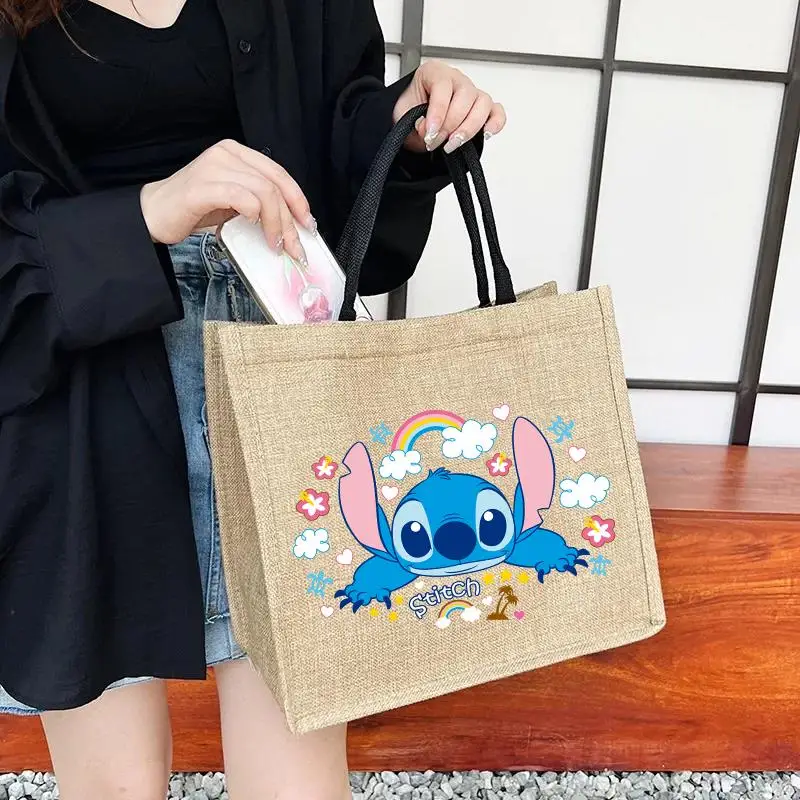 Lilo Stitch, bolsos de compras Vintage para mujer, bolsos de compras de lino, bolsos grandes de playa de verano, bolsos portátiles de alta capacidad con asa superior