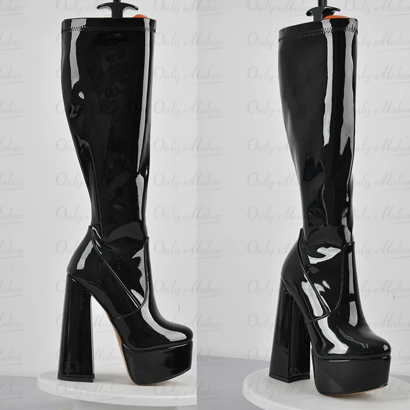 Onlymaker Boots Women Black Platform Chunky Heel Knee High Patent Leather Square Toe Lady Fashion Boots