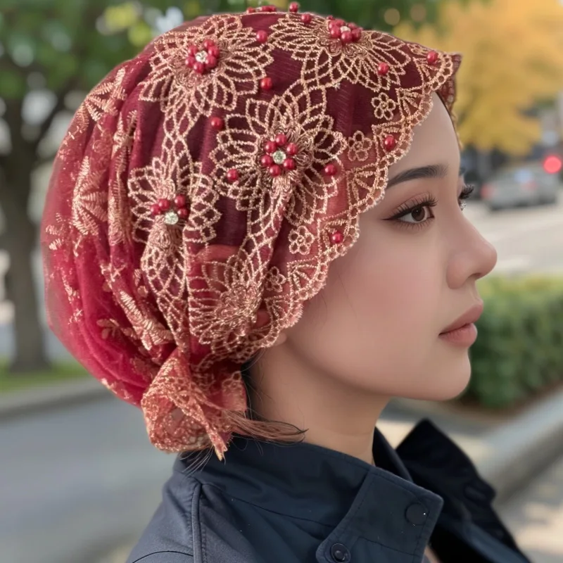 Women Stylish Headscarf Hat Embroidered Beaded Double Layer Lace Hats Underscarf Bonnet Beanies Hair Loss Cover Muslim Hijab Cap