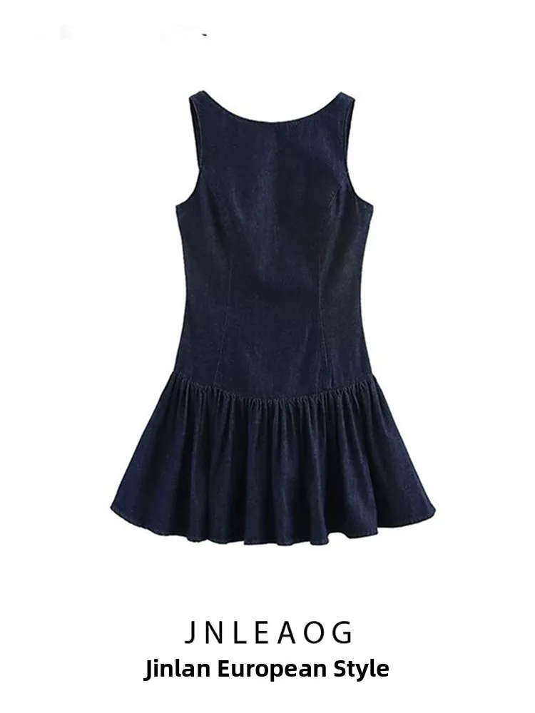 Vestido F Novo de Outono JNLEAOG, Vestido Curto de Denim Decorativo com Camadas Es, Estilo Casual, Cintura Natu...