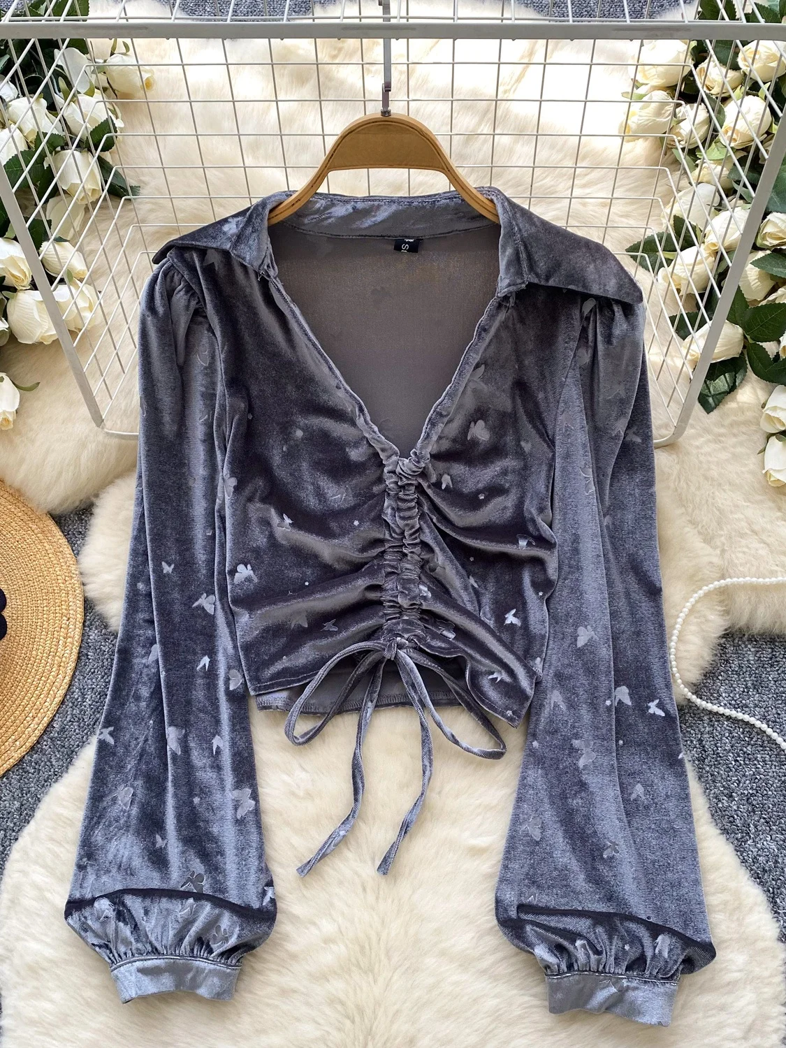 Retro Sle Women's Velvet irt ort Printed Long Sve V-Ne  Pattern Pleated Belted Faionable Autumn Top