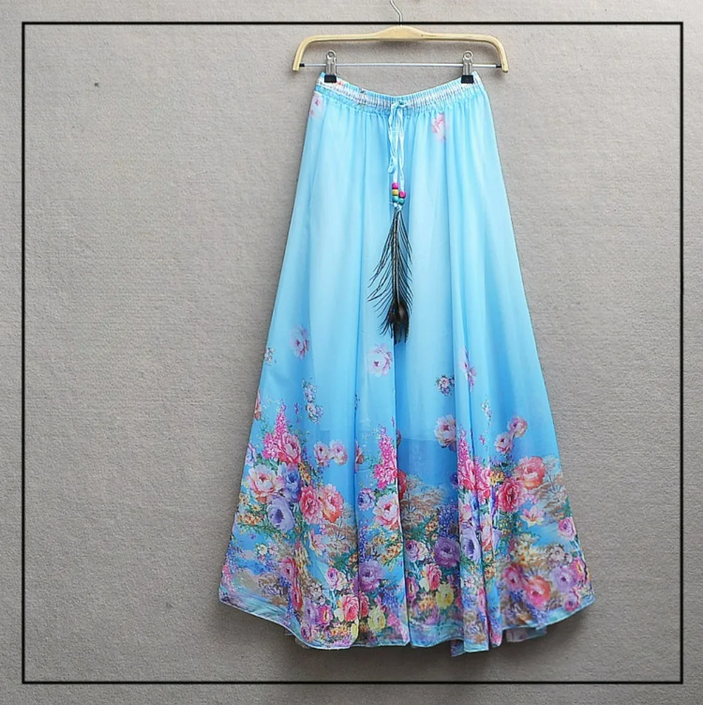 2024 Summer New Printed Chiffon Long Skirt for Women High Waisted Elastic A-Line Large Swing Beach Skirt