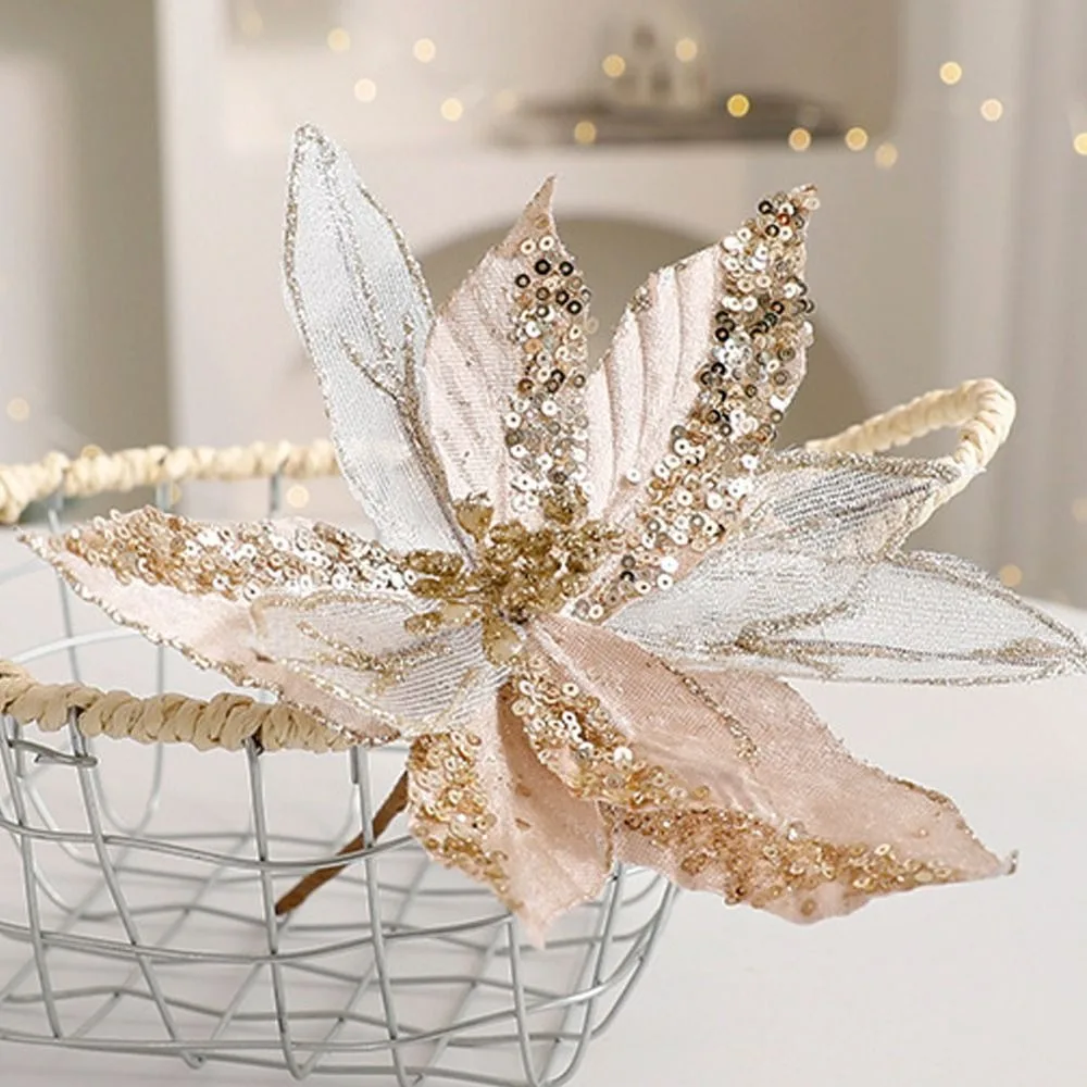 

Large Artificial Glitter Christmas Flower Hanging Sequins Christmas Poinsettia Flower DIY Wreath Realistic