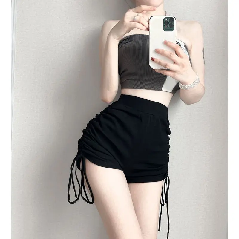 2024 Summer New Black Slimming Thin Drawstring High Waist Casual Shorts