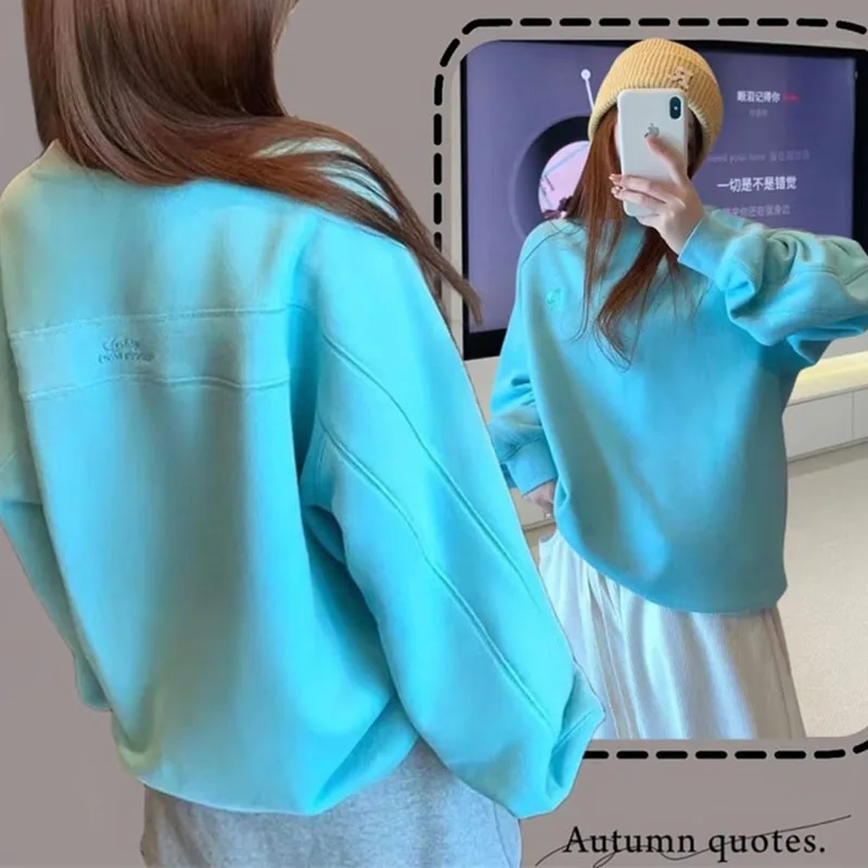 가을 여성 자수 루즈 후드티 봄 여성 라운드넥 스포츠 셔츠 탑 한국 여성 신상 긴팔 스웨트셔츠