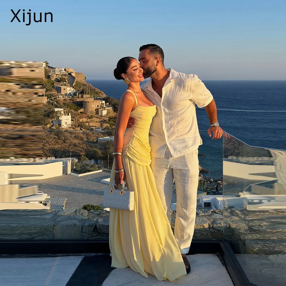 Xijun Baby Yellow Chiffon Evening Dresses Spaghetti Strap A-Line Pleated Prom Dresses Sleeveless Formal Prom Gowns Customized