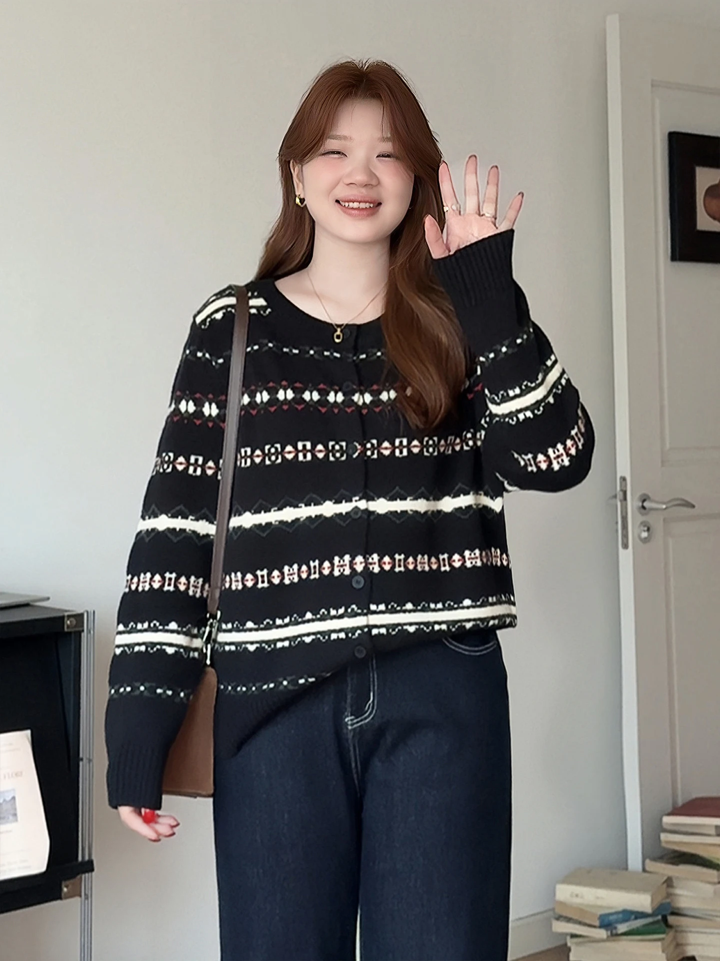 

plus Size Knitted Cardigan Thiened Fair Isle Pattern Casual Sle Long Sve round Ne Pullover for Plump Women Autumn Wi...