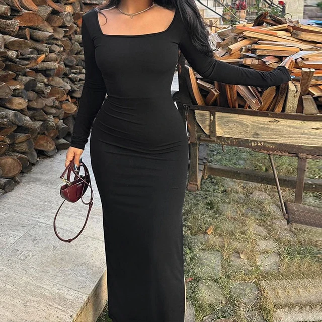 Roupas femininas primavera e outono nova moda francesa fino ajuste elegante cor sólida sem costas cinta u colarinho vestido de manga longa