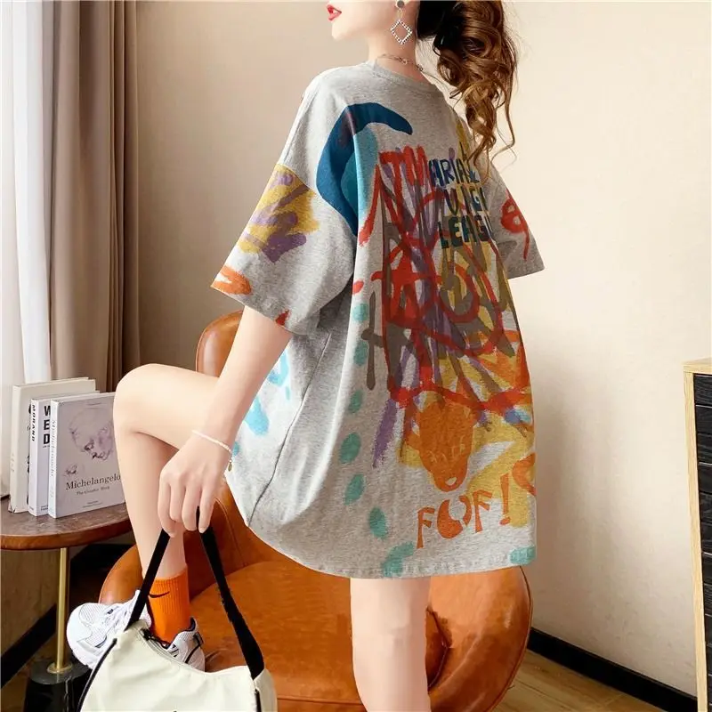 2024 New Summer Sweet Cool Fashion Personalized Round Neck Graffiti Print Loose Casual Large Edition Short Sleeve T-shirt