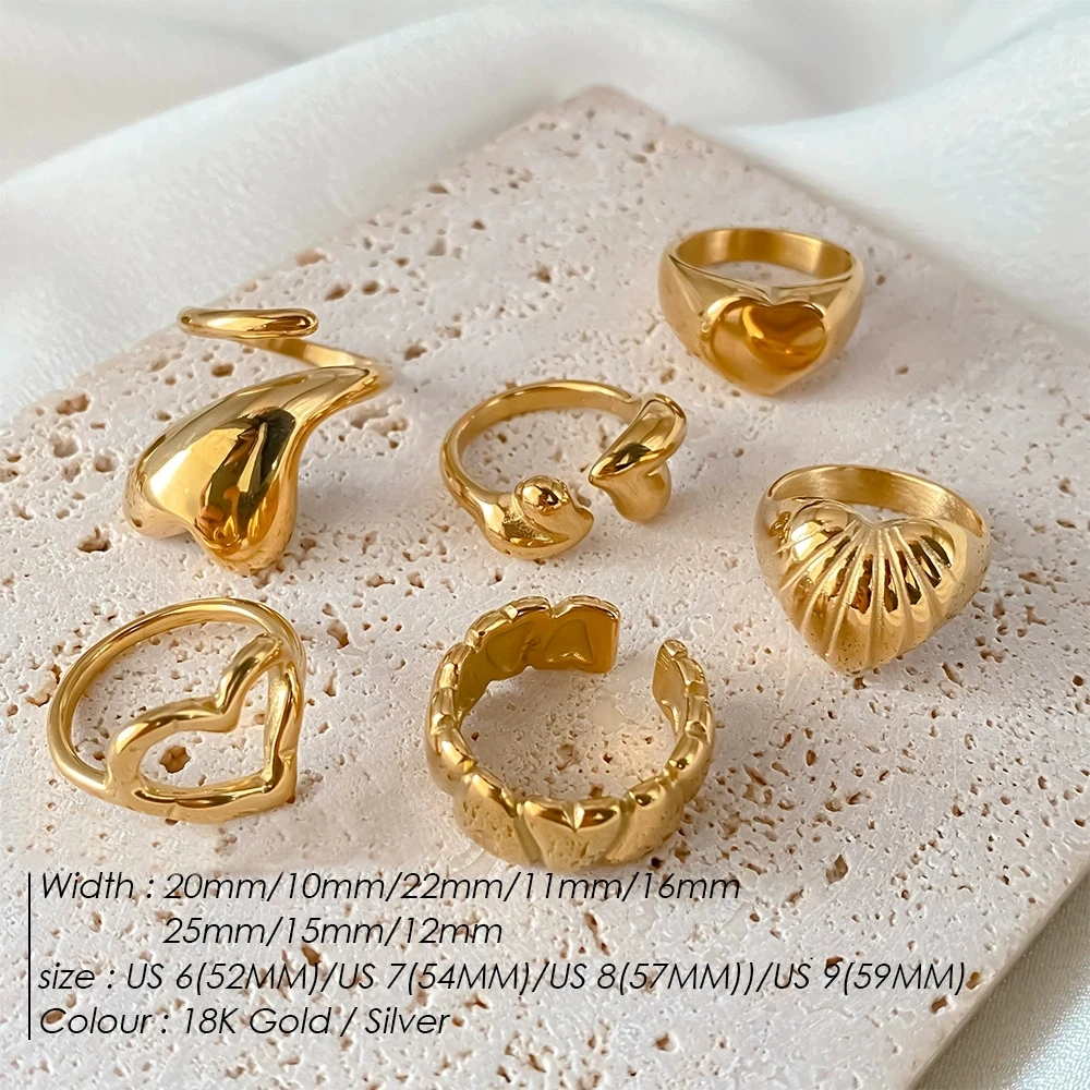 Hiraeva Vergoldete Edelstahl-Herzringe Set für Damen, Klobige Offene Verstellbare Minimalistische Modeschmuck – Detail 9