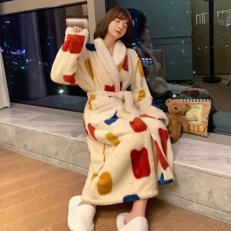 Flannel Robes Women Winter Lounge Warm Sweet Casual Pockets Home All-match Sleepwear Aesthetic Classic Mujer Daily Korean Style