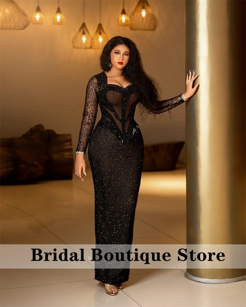 

Glitter Black Sequins Mermaid Evening Dresses Bead Crystals Diamonds Birthday Gown Party Dress Aso Ebi Party Gown Customized
