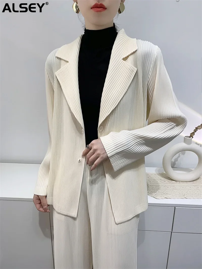 ALSEY Miyake Pleated Long Sleeve Top Comfortable Simple Casual Suit Jacket Women Spring Autumn New Slim Thickened Clothing