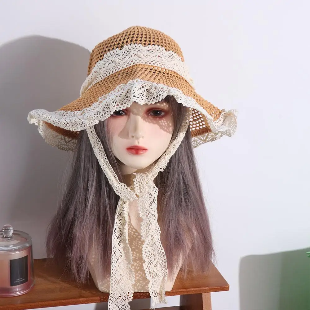 

Foldable Pastoral Style Women Straw Hat Lace Beach Big Brim Sun Hat Travel Spring Summer UV Protection Cap Female