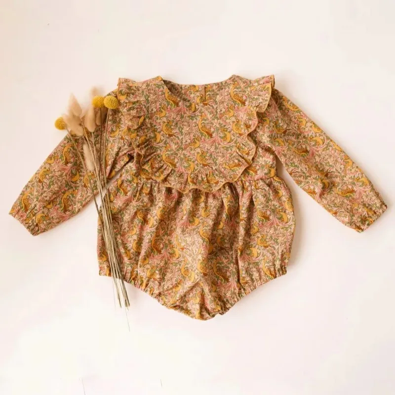 ملابس طفلة طويلة الأكمام الأزهار المطبوعة ارتداءها القطن الوليد الرضع زي