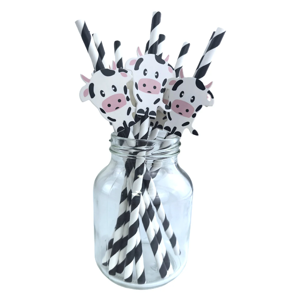 10/20/50/100pcs Black White Straws Cute Cartoon Cow Pattern Kids Boys Girls Favor Farm Theme Birthday Straw Party Decor Supplies