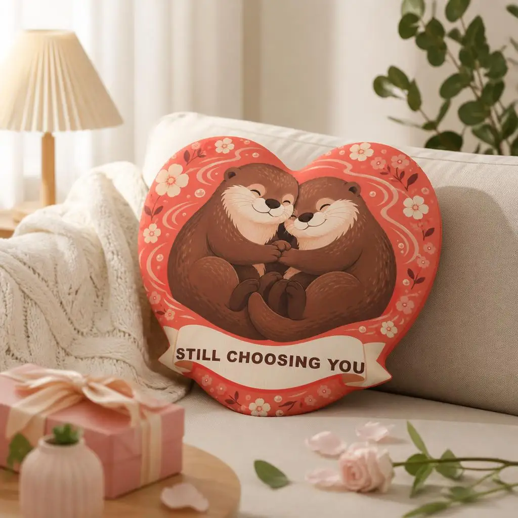 Still Choosing You Otter Couple Plush Pillow Romantic Heart Shaped Cushion Anniversary Gift Stuffed Throw Pillow for Couples