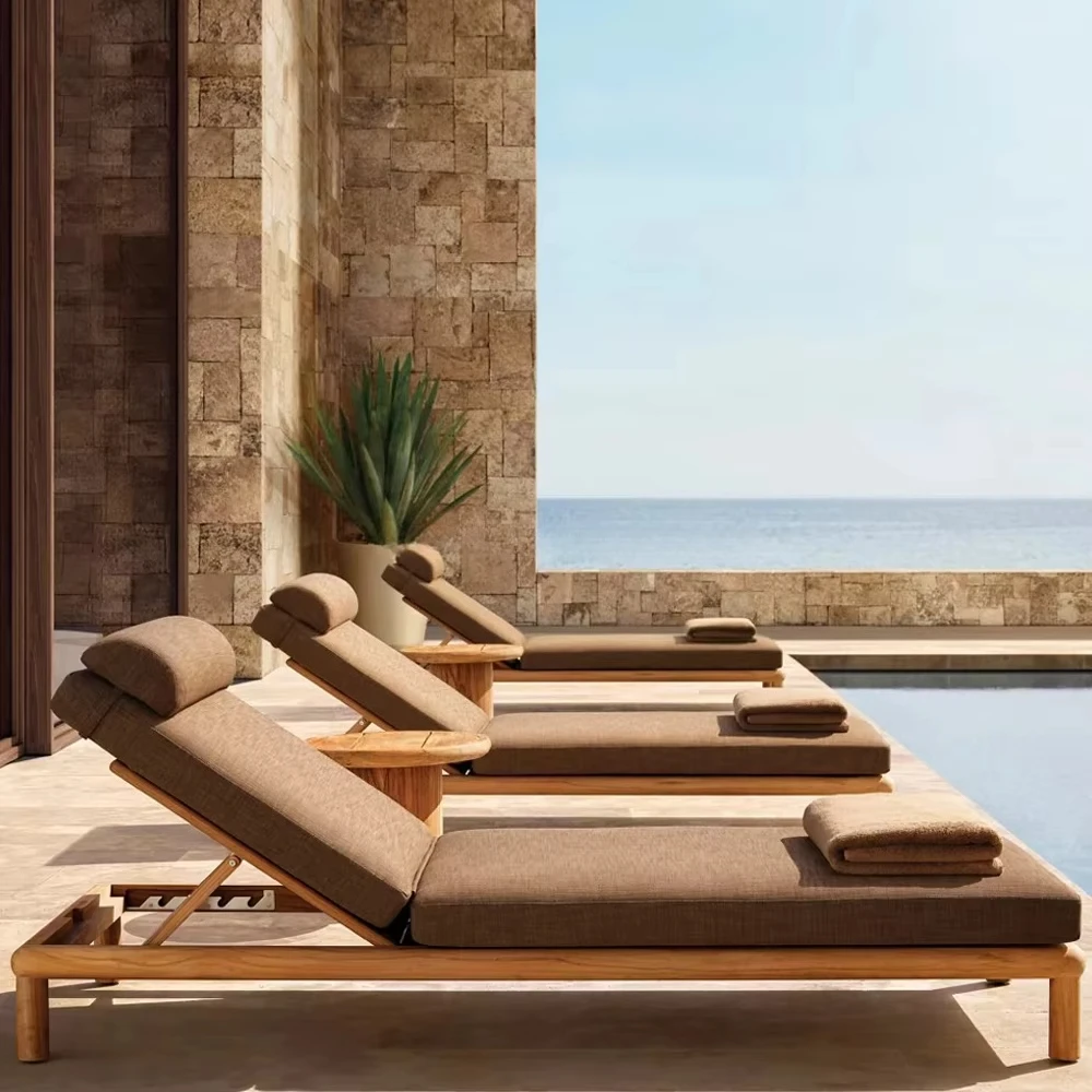

Natural Teak Wood Reclining Bed with Comfortable Cushions Modern Design Hotel Garden Leisure Furniture Use