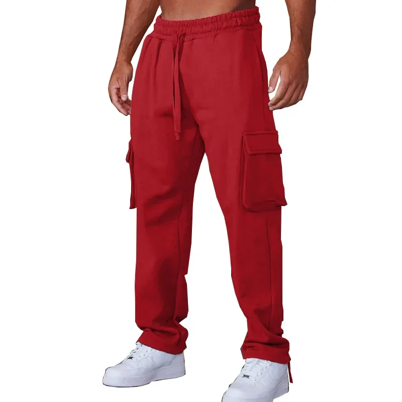 men's trousers autumn and winter new heavyweight terry sweatpants casual drawstring travel straight multi-pocket overalls