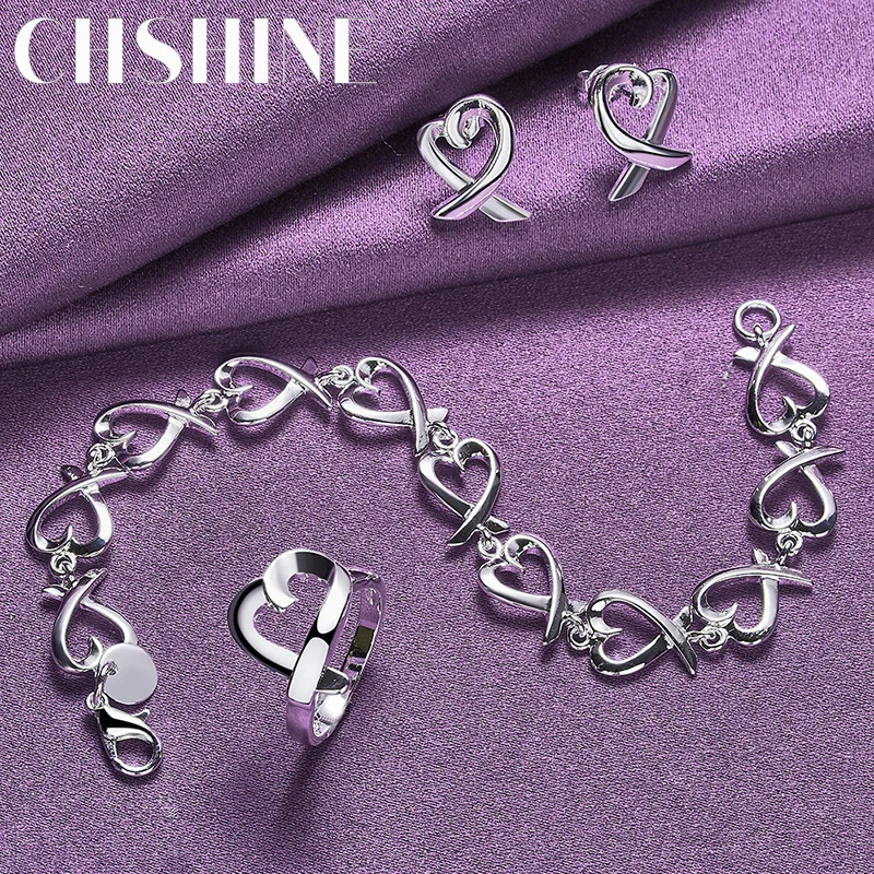 

CHSHINE 925 Sterling Silver Heart Chain Ring Earrings Bracelet For Women Party Fashion Charm Exquisite Jewelry Set Gift