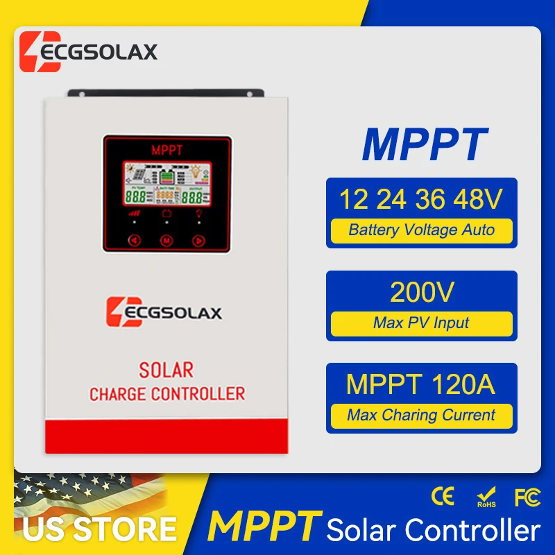 ECGSOLAX 120A MPPT Solar Charge Controller 12V 24V 36V 48V Auto‑Identify Max PV 200V LCD Display RS485 Port Solar Panel Regulator Support LiFePO4 AGM Gel Flooded Battery Light & Timer Load Mode for RV Home Cabin Off‑Grid Solar Power System