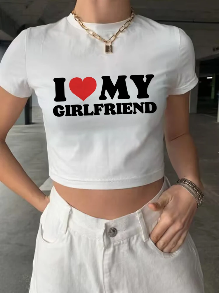 Women Clothes Letter Print I LOVE MY BOYFRIEND Y2k Crop T Shirts Harajuku Slim Short Sleeve Shirt Streetwear Baby Crop Top