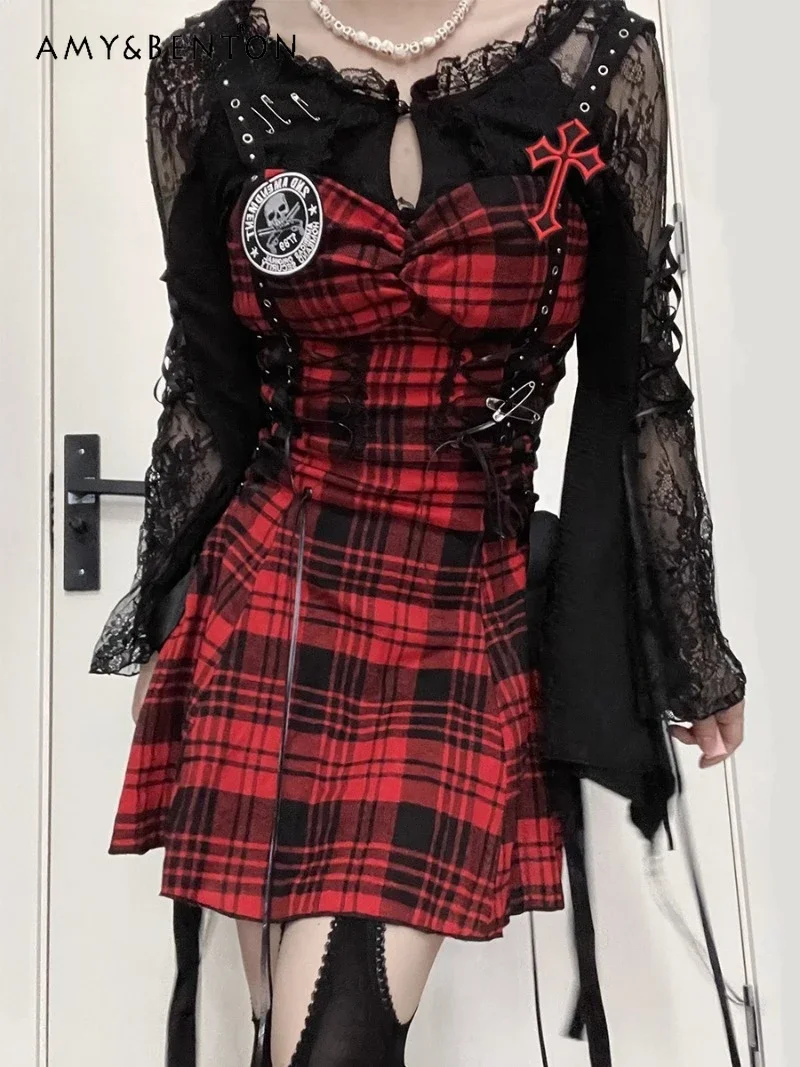 

2024 Spice Girl Punk Black Red Plaid Straps Dark Goth Waist Suspender Subculture A Line Dress For Women