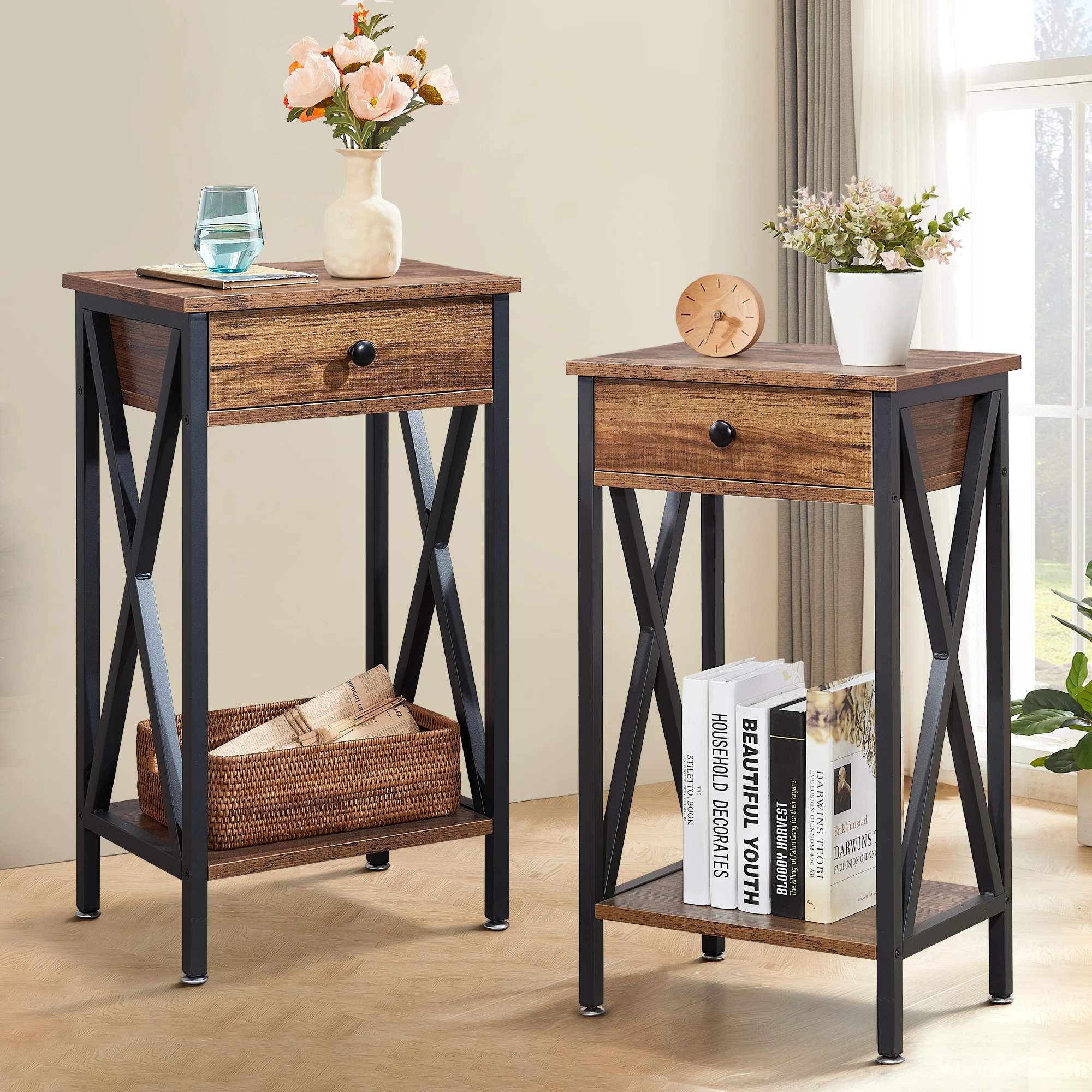 

VECELO Side Tables Set of 2 Tall End Side Tables, 27 Inch Night Stand with Drawer for Living Room Bedroom,Small Spaces Brown