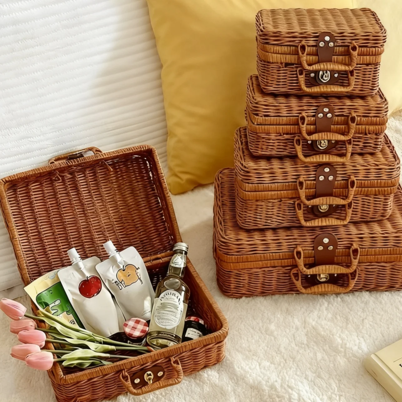 Vintage-Aufbewahrungskorb aus Rattan, gewebt, mit Griff, rechteckiger, stapelbarer Organizer für Picknicks, Heimdekoration, Wohnzimmer, Regalkörbe