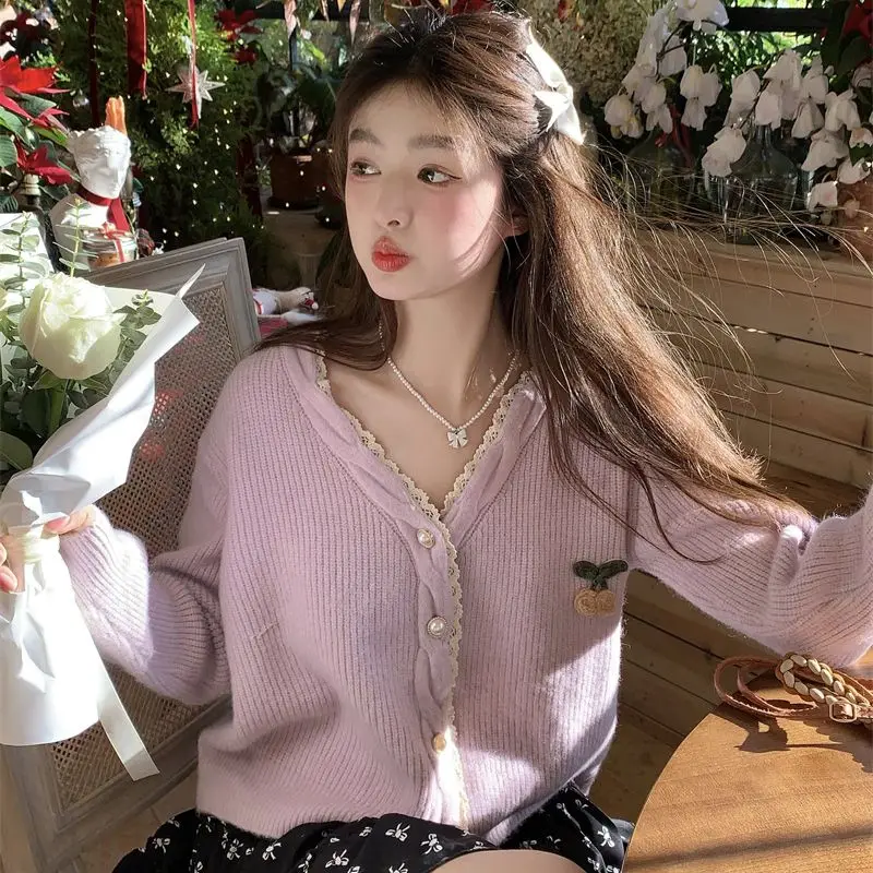 

Lace Edge Women's Cardigans Pearl 2025 Trending Fashion Attractive Office Wear Chic Lightweight Y2k Sweet Ladies Knit Sweaters