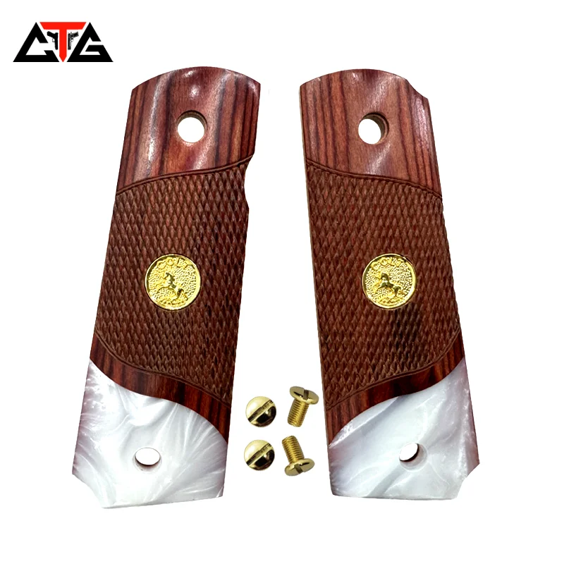 CTG 1911 Colt Full Size Grips Checkered Wood and White Pearl With Gold Horse Inlay