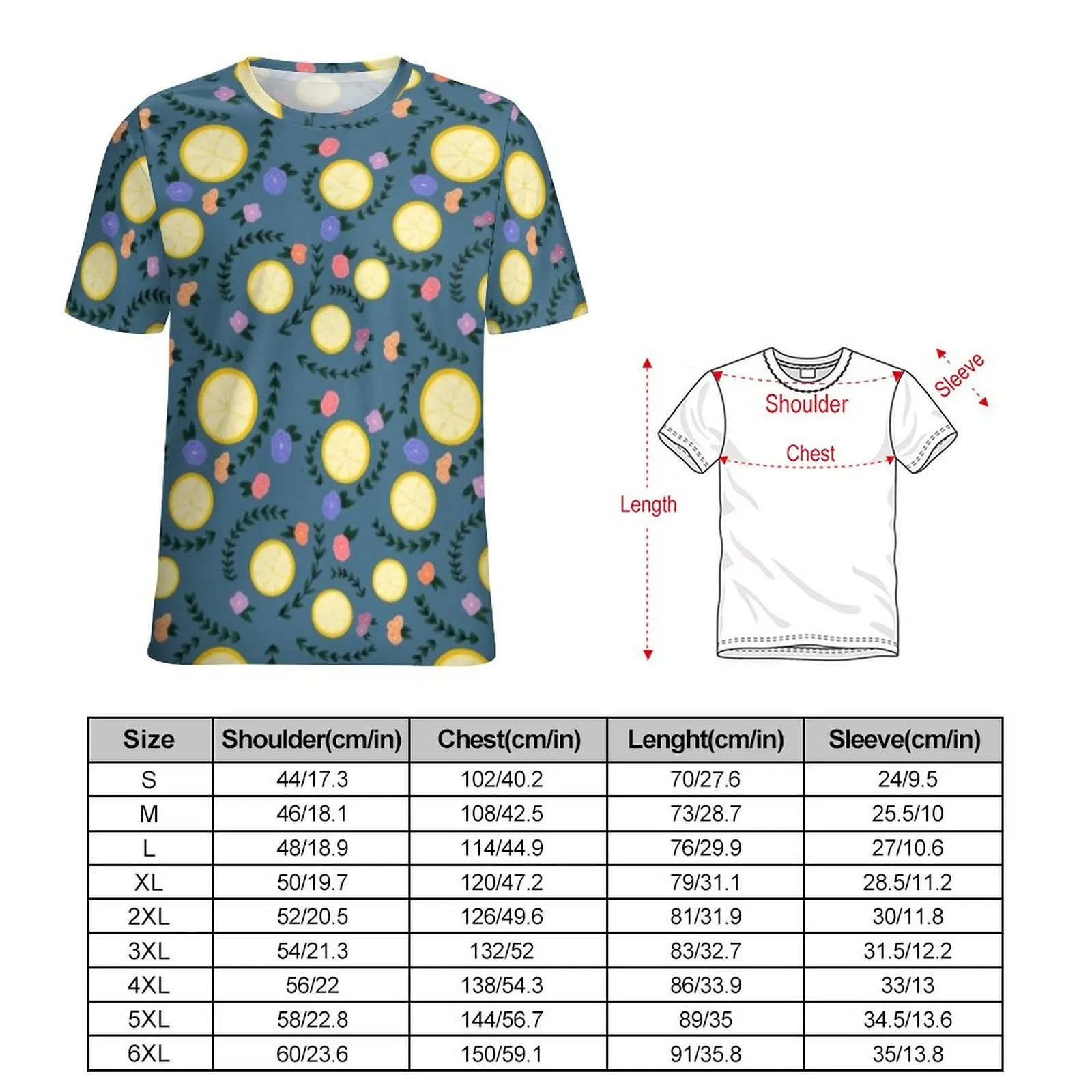 Yellow Lemon Slices T-Shirt Flower Print Cool T-Shirts Male Basic Tee Shirt Original Short-Sleeved Custom Clothing Large Size