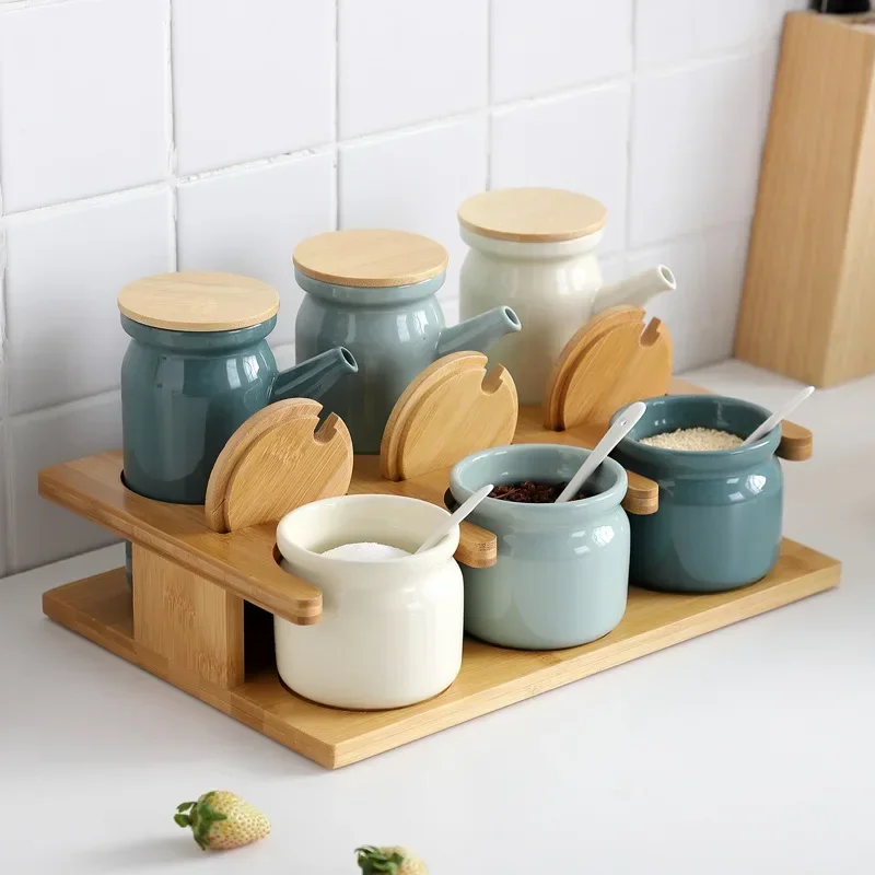 Simple and Solid Color Ceramic Salt Tank Oil Bottle Seasoning Tank Set Bamboo Board Base Set Household Kitchen Seasoning Tank