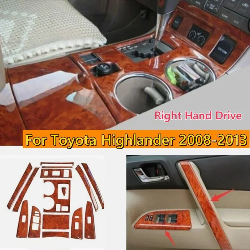 15Pcs/Set Right Hand Drive Yellow Wood Grain Console Shift Panel Trim Cover For Toyota Highlander 2008 2009 2010 2011 2012 2013