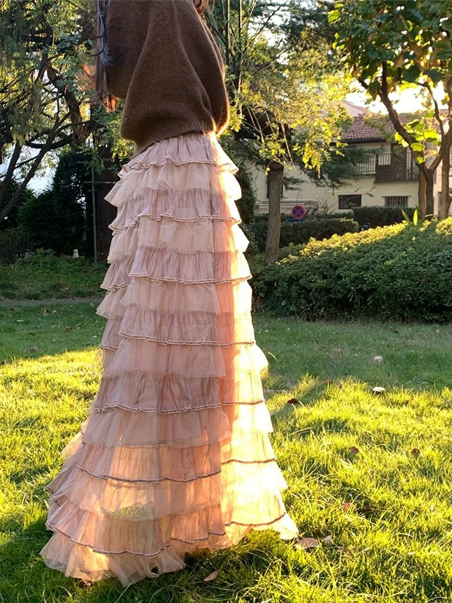 

Японская юбка-миди в стиле Лолита с высокой талией, оборками и А-образным силуэтом, милая, кавайная, в стиле Y2K, элегантная, повседневная, для вечеринок, женская