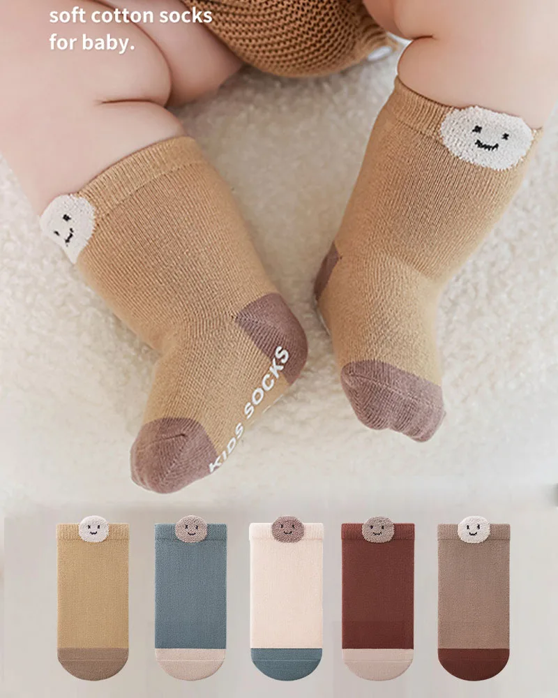 

5Pairs/Lot Baby Socks Cotton Non Slip Kids Socks 2024 Autumn Winter Infant Floor Socks Cute Smiling Face Toddler Anti-slip Socks