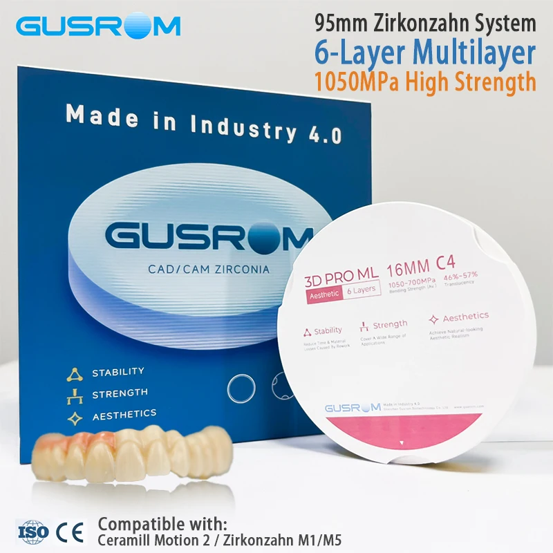 

95mm Zirkonzahn 3D PRO ML Multilayer Zirconia Block Dental CAD CAM Disc 6 Layers 1200MPa High Strength for Crown Bridge A2 A3 A4