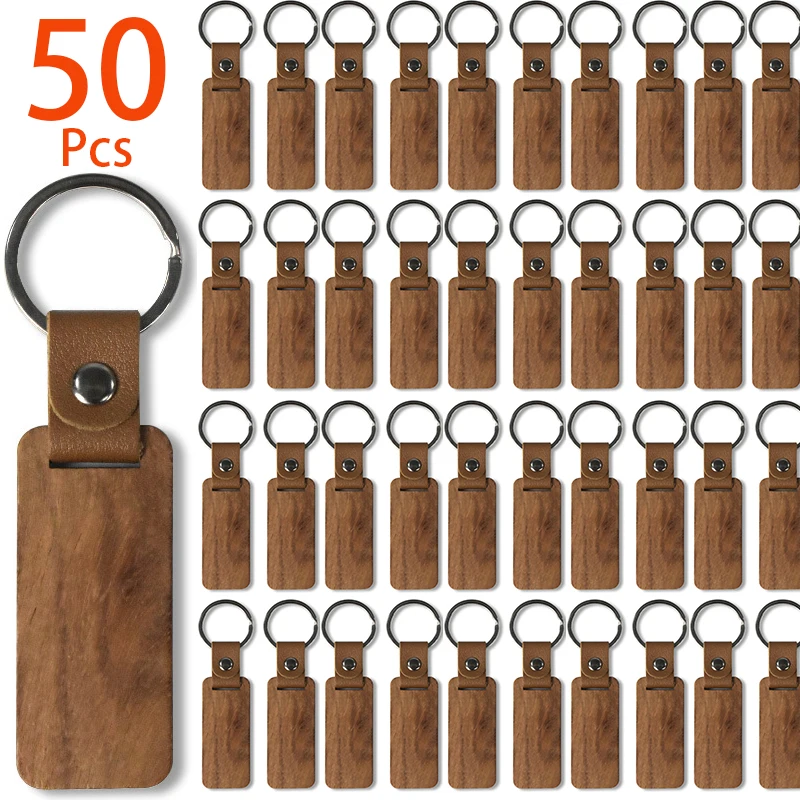 50Pcs Rectangular Wood Keychains Blank PU Leather Keyrings Wood Pendant Key Chain