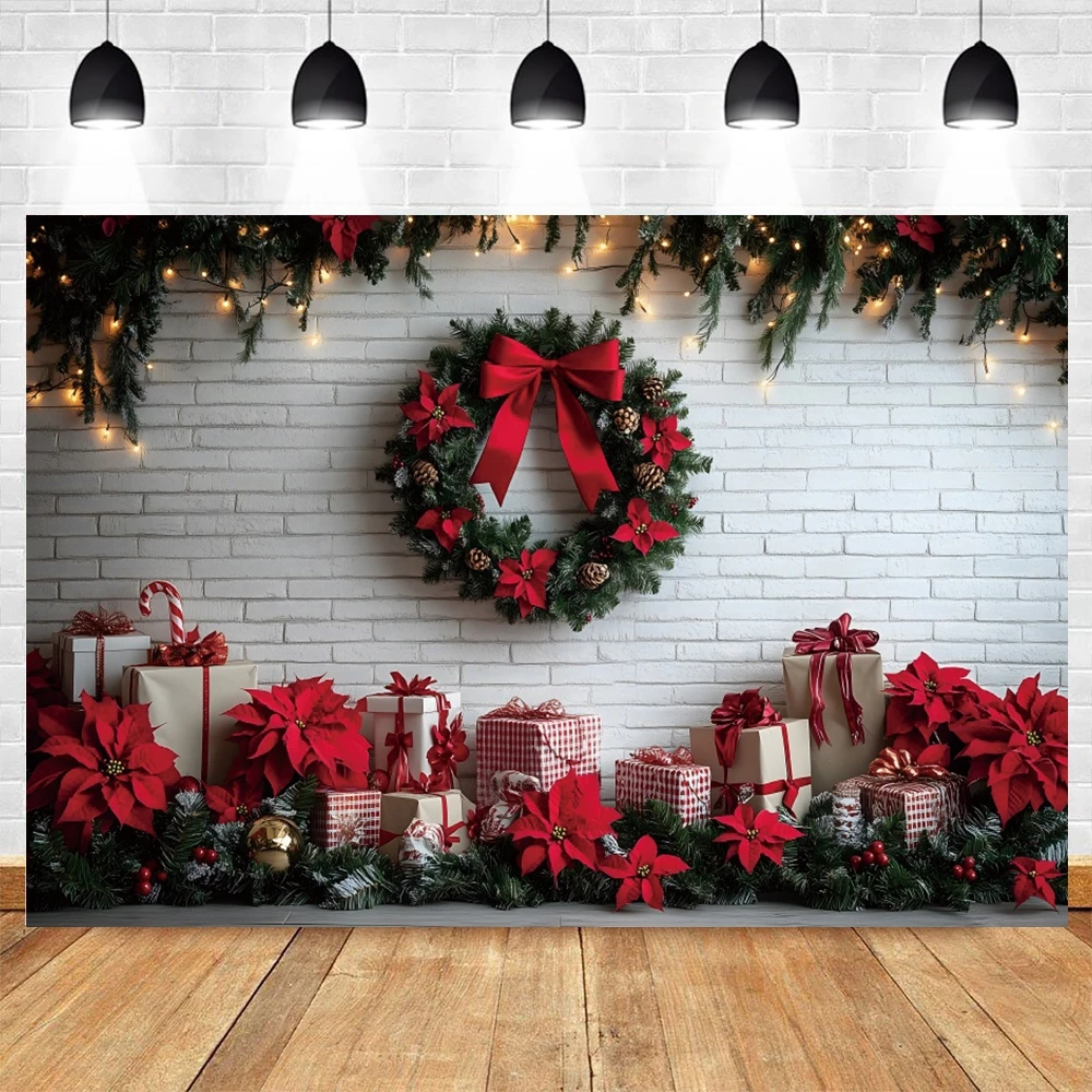 Winter Christmas Backdrop White Brick Wall Xmas Tree Wreath Gift Christmas Home Decoration Family Party Photography Background