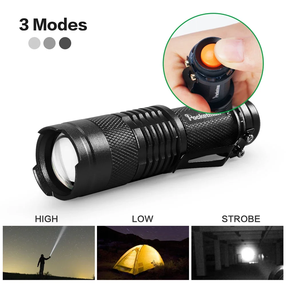 Pocketman Portable Pocket Flashlights Mini Torch Pen Light Zoomable Flashlight LED Flashlight Waterproof Torch