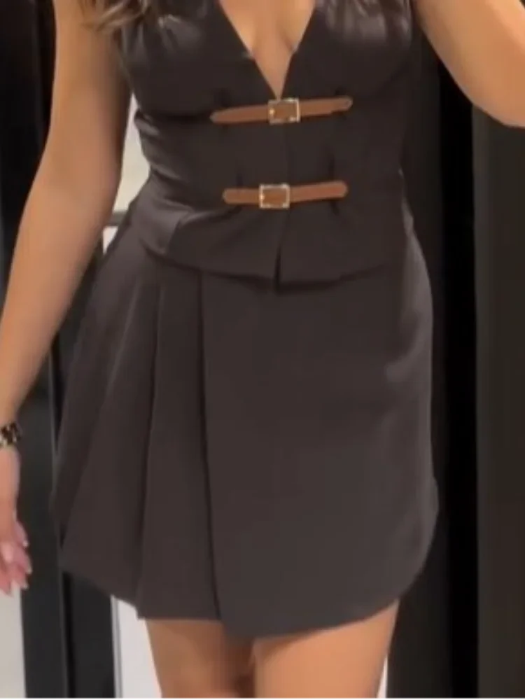 Casual Sleeveless Vest Mini Skirt Sets Women Chic V-neck Button Blazer Short Skirts Suit Lady Commute Daily Office Outfits New